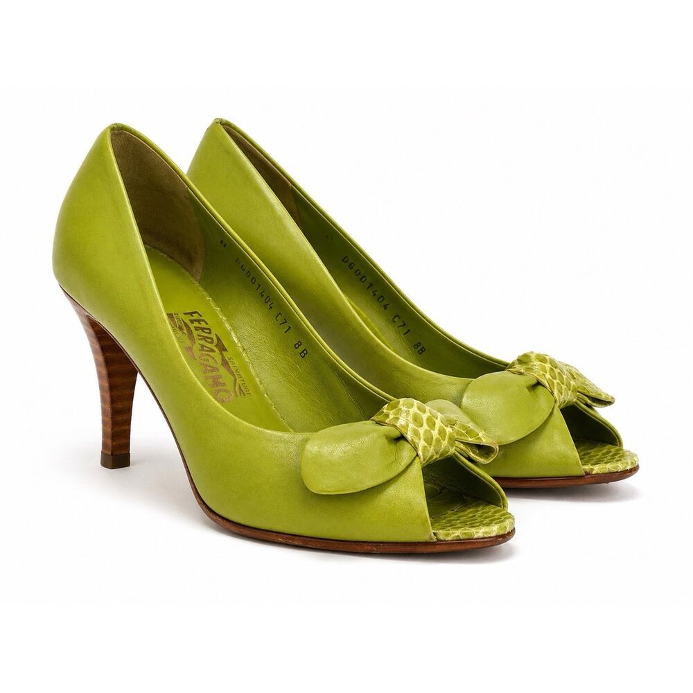 Salvatore Ferragamo Green Leather Snakeskin Bow Heels Peep Toe Italian Pumps 8 B